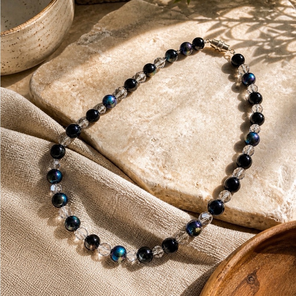 Vintage Black AB Glass & Crystal Beaded Necklace 17” Iridescent